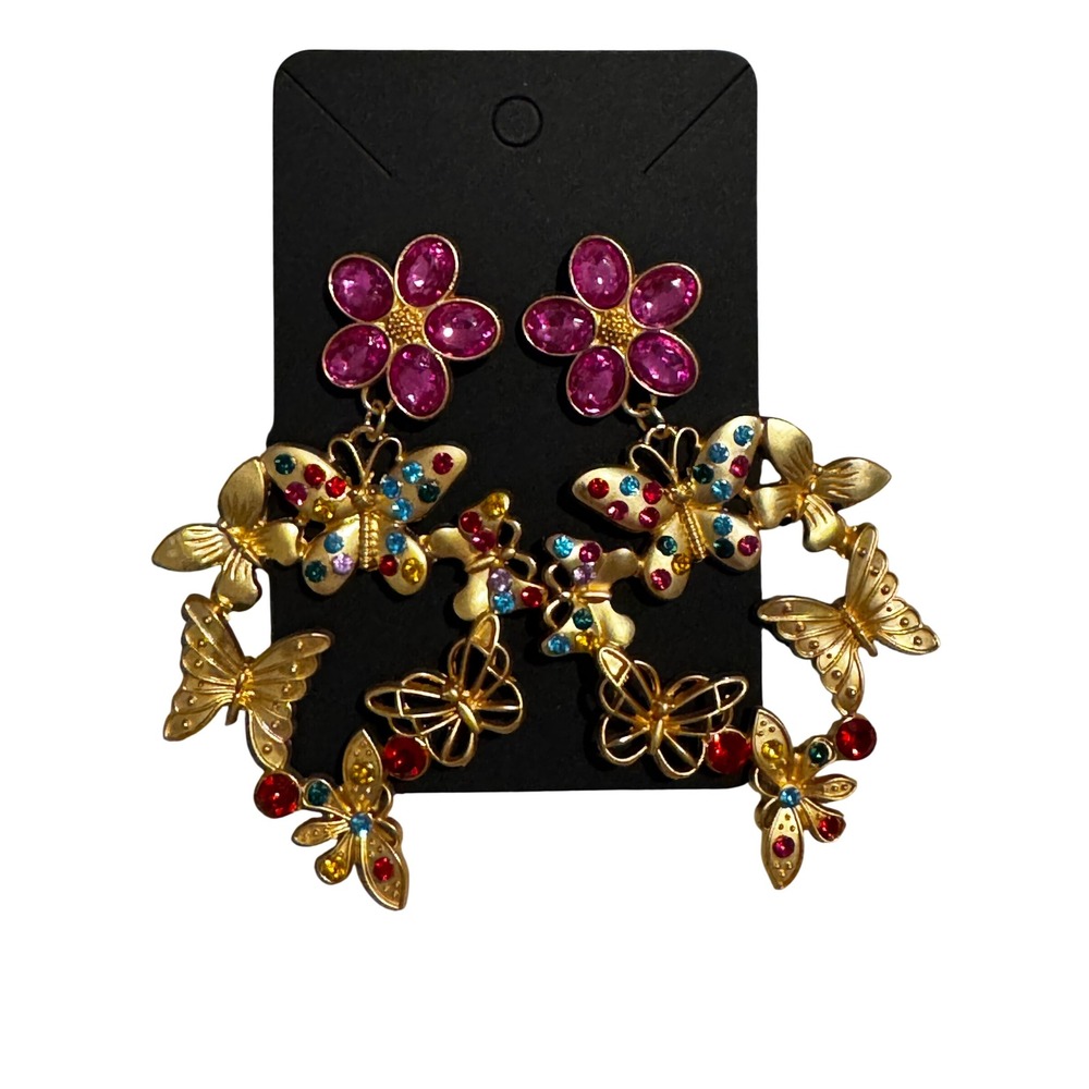 Gold Tone Butterfly Flower Rhinestone Statement Drop Earrings Multi Color